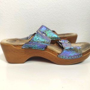 Dansko Metallic Rainbow Shift Wooden Block Mule Sandals Leather Size 39
